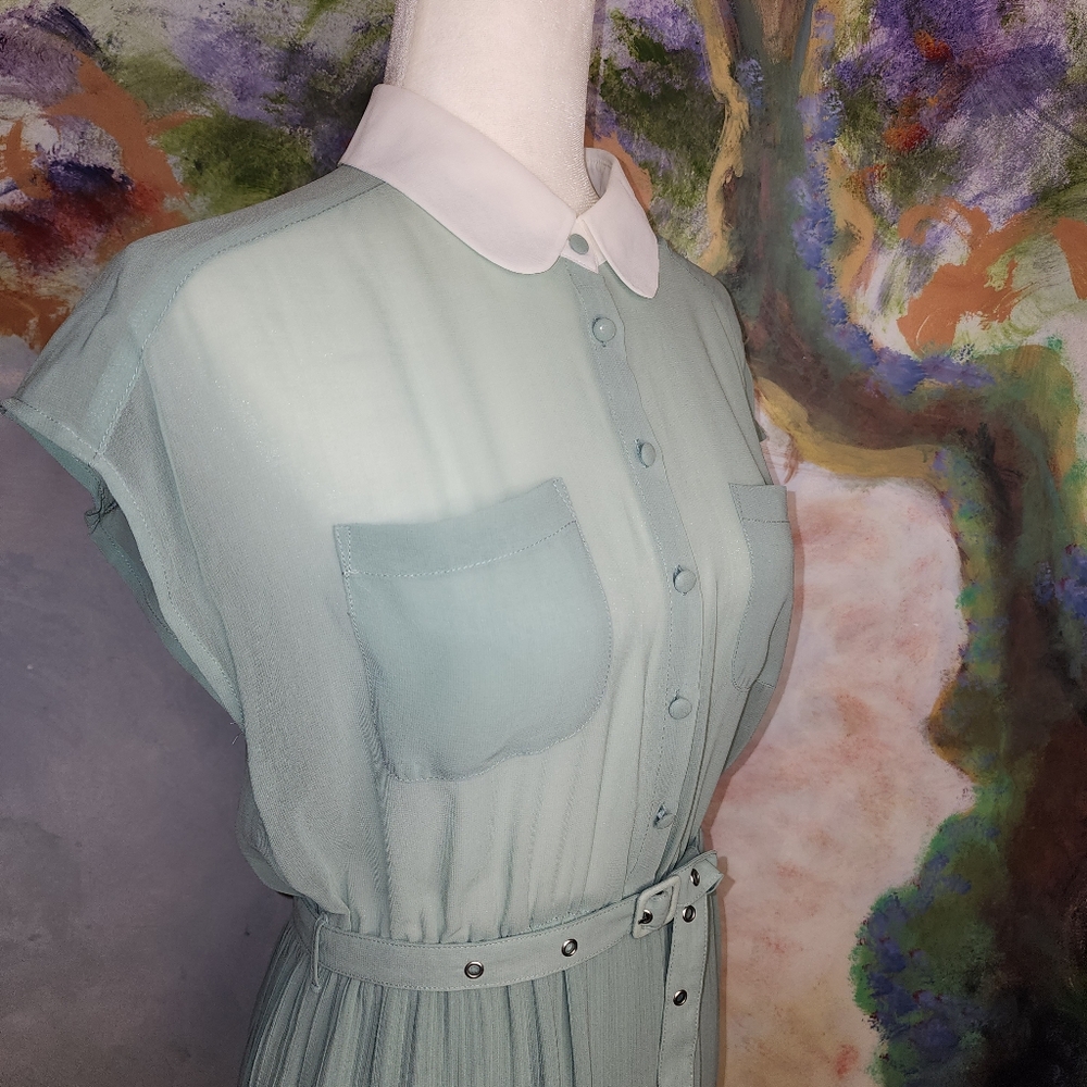 NWOT Deby Debo Mint Green Mesh Pleated Mini Dress - Picture 3 of 12